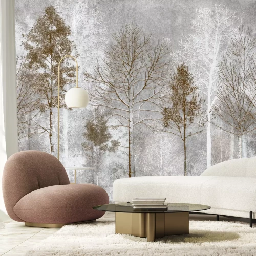 Fototapete Waldmotiv mit hohen Bäumen und grauem Hintergrund