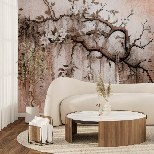 Fototapete Baumzweig mit weißen Blüten Betonstruktur