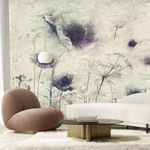 Fototapete Industrielles Motiv mit Mohnblumen und Wiesenblumen