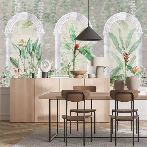 Fototapete Tropische Pflanzen vor grauen Säulen