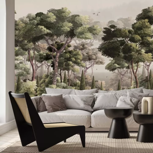 Fototapete Natürliche Landschaft mit Bäumen und sanftem Nebel