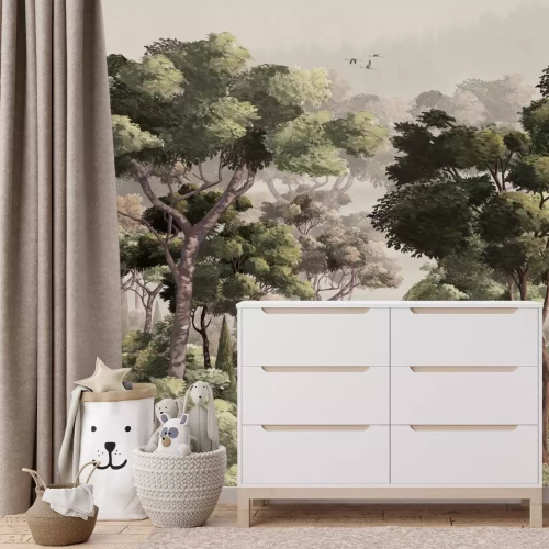 Fototapete Natürliche Landschaft mit Bäumen und sanftem Nebel