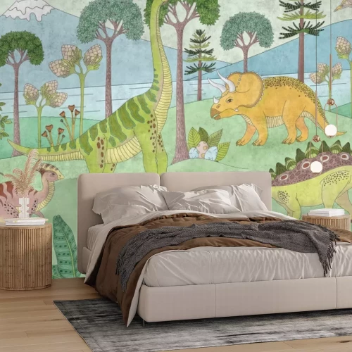 Fototapete Dinosaurier zwischen Bäumen vor einer Berglandschaft