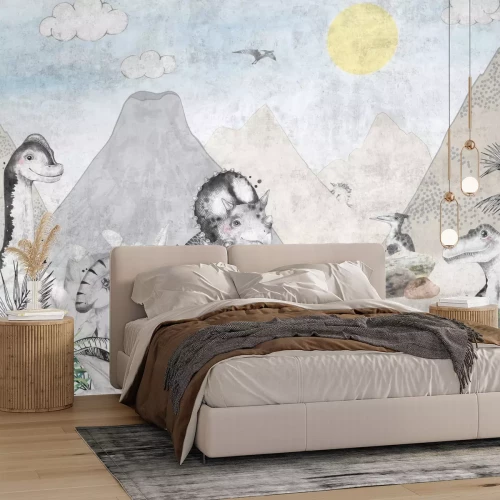 Fototapete Aquarellwelt der Dinosaurier mit Vulkanen