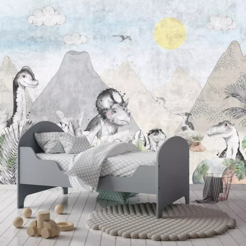 Fototapete Aquarellwelt der Dinosaurier mit Vulkanen