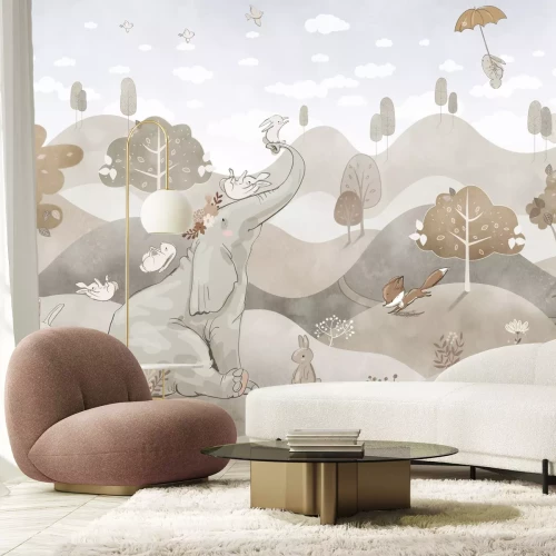 Fototapete Pastellandschaft mit einem niedlichen Elefanten und Kaninchen