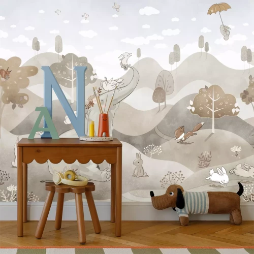 Fototapete Pastellandschaft mit einem niedlichen Elefanten und Kaninchen