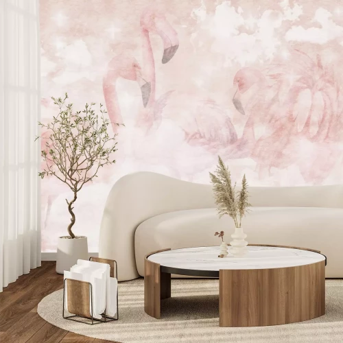 Fototapete Aquarell Flamingos vor einem Hintergrund aus pastellfarbenen Wolken