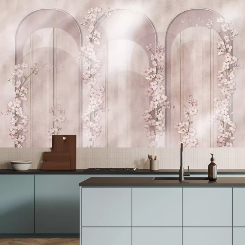 Fototapete Geometrische Bögen und pastellfarbene Blumen in einer Aquarellkomposition