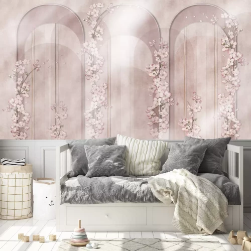 Fototapete Geometrische Bögen und pastellfarbene Blumen in einer Aquarellkomposition