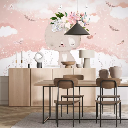 Fototapete Kätzchen mit Blumen und Schmetterlingen auf einer Wiese im Aquarellstil