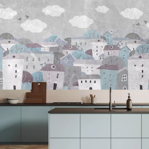 Fototapete Bunte Stadt im Aquarellstil für Kinder