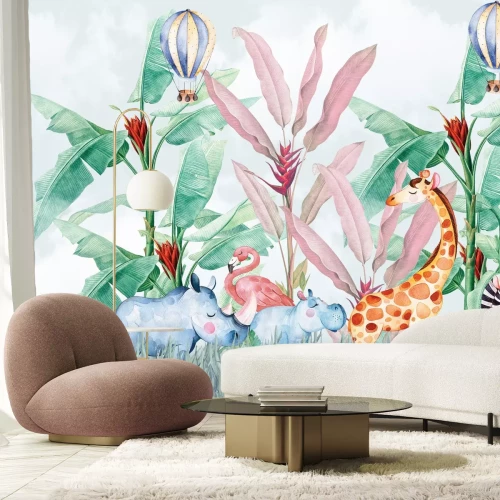 Fototapete Ballons und Dschungeltiere im Aquarellstil