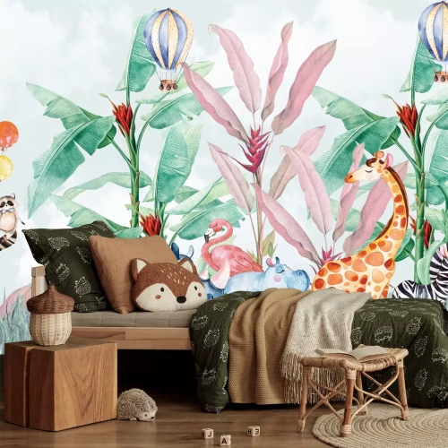 Fototapete Ballons und Dschungeltiere im Aquarellstil