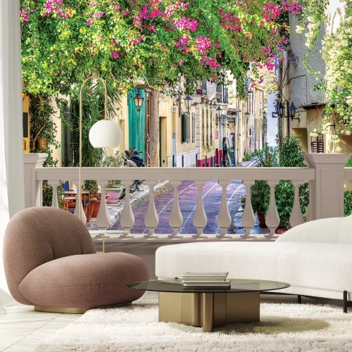 Fototapete Toskanalandschaft mit bunten Vegetation und alten Wänden