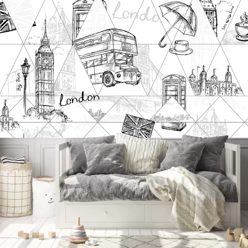 Fototapete Gezeichnetes London mit Big Ben und Doppeldeckerbus