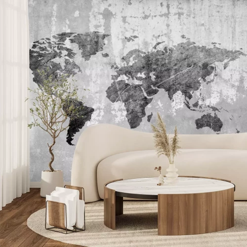 Fototapete Monochromatische Weltkarte auf Betonstruktur
