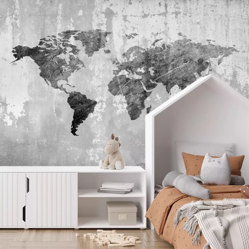 Fototapete Monochromatische Weltkarte auf Betonstruktur