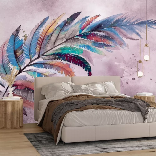 Fototapete Zarte bunte Feder auf Aquarellhintergrund