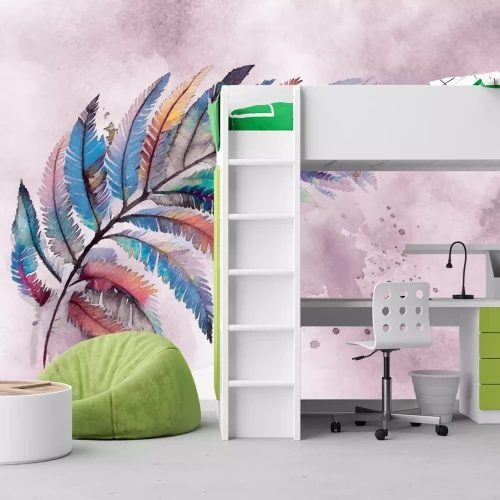 Fototapete Zarte bunte Feder auf Aquarellhintergrund