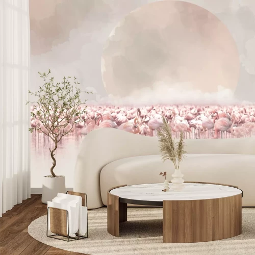 Fototapete Aquarelllandschaft mit Flamingos im Wasser und dem Mond