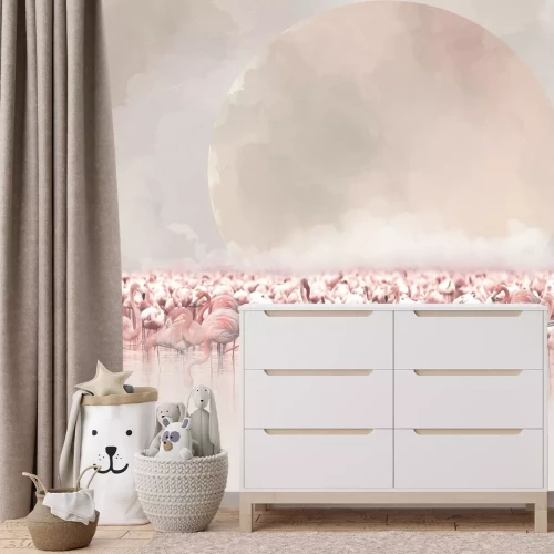 Fototapete Aquarelllandschaft mit Flamingos im Wasser und dem Mond