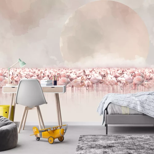 Fototapete Aquarelllandschaft mit Flamingos im Wasser und dem Mond