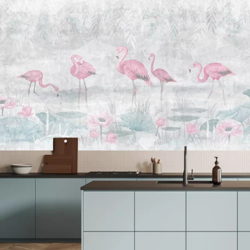 Fototapete Flamingos auf dem Wasser im Aquarellstil mit Pflanzen