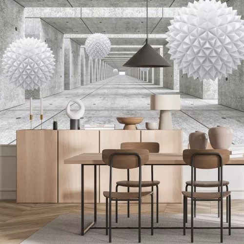 Fototapete Weiße 3D-Kugeln im rohen Betontunnel