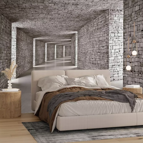 Fototapete Backsteintunnel in Grautönen 3D