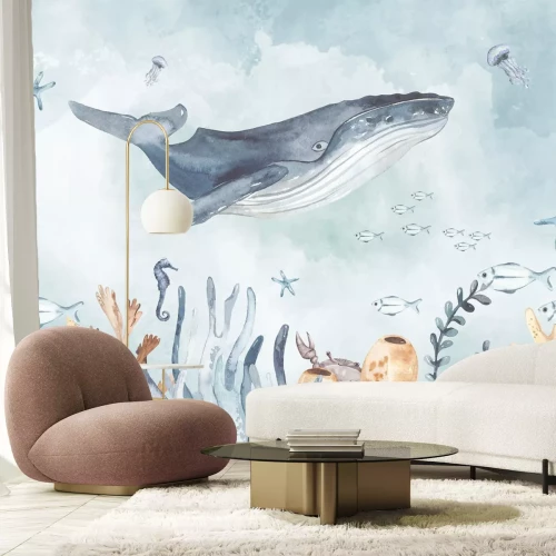 Fototapete Meereswelt mit Wal und Tieren im Aquarellstil Kinderillustration