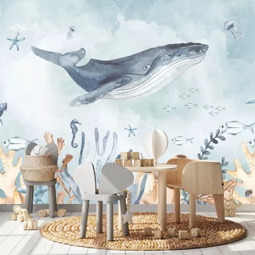 Fototapete Meereswelt mit Wal und Tieren im Aquarellstil Kinderillustration