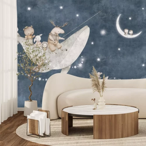 Fototapete Tiere und Wal vor Nachthimmel mit Mond