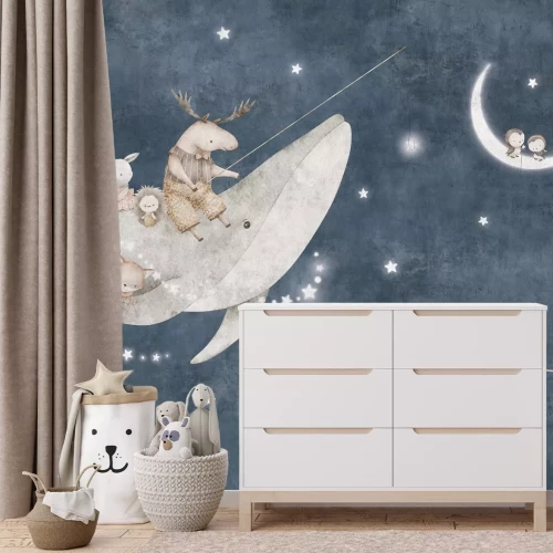 Fototapete Tiere und Wal vor Nachthimmel mit Mond