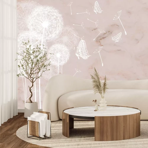 Fototapete Schmetterlinge und weiße Löwenzahn auf Marmorhintergrund botanisches Muster
