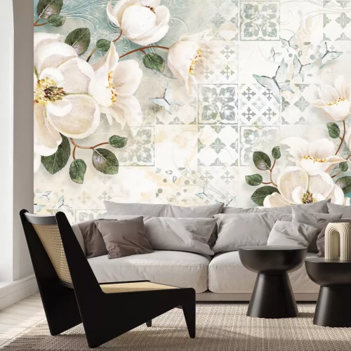 Fototapete Botanisches Muster mit weißen Blumen und Schmetterlingen auf Mosaikhintergrund