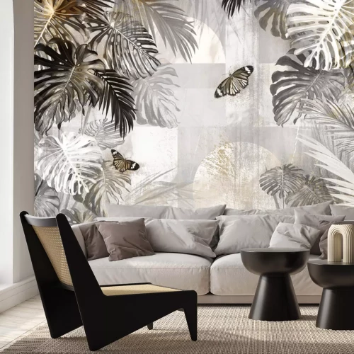 Fototapete Botanisches Motiv mit Schmetterlingen und tropischen Monstera-Blättern