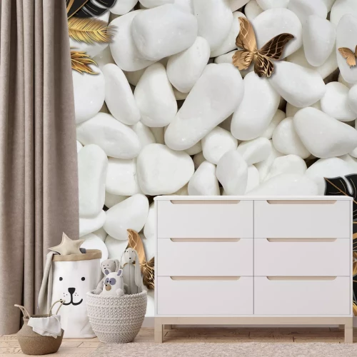 Fototapete Schmetterlinge und exotische 3D Blätter auf Hintergrund aus weißen Steinen