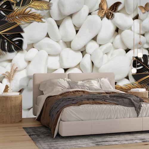 Fototapete Schmetterlinge und exotische 3D Blätter auf Hintergrund aus weißen Steinen