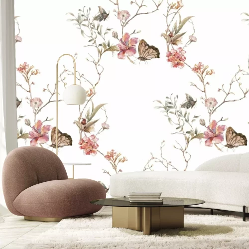 Fototapete Blumen und Schmetterlinge auf Zweigen im Aquarellstil zarte Illustration