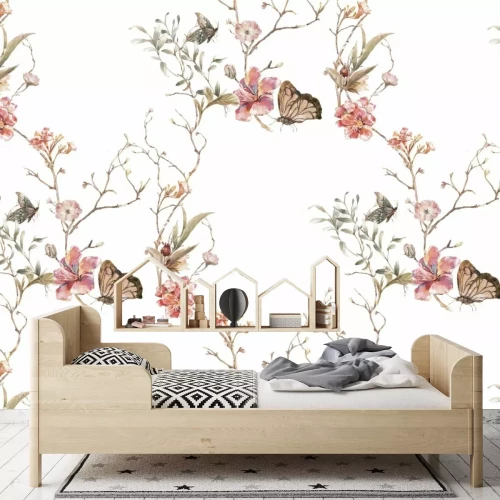 Fototapete Blumen und Schmetterlinge auf Zweigen im Aquarellstil zarte Illustration