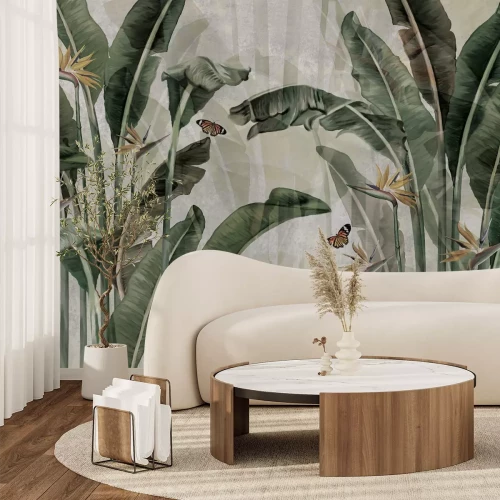 Fototapete Strelitzienblätter und Schmetterlinge tropisches botanisches Muster