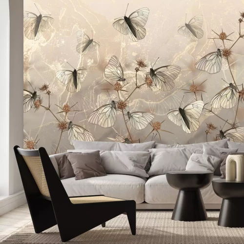 Fototapete Moderne Abstraktion Schmetterlinge und wilde Feldpflanzen auf strukturiertem Hintergrund