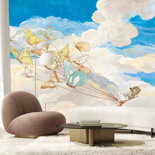 Fototapete Kindermuster mit Schmetterlingen und fliegenden Tieren vor Himmelshintergrund