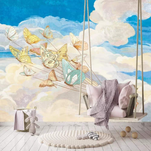 Fototapete Kindermuster mit Schmetterlingen und fliegenden Tieren vor Himmelshintergrund