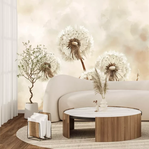 Fototapete Beiges abstraktes Motiv von Löwenzahnblumen auf Aquarellhintergrund