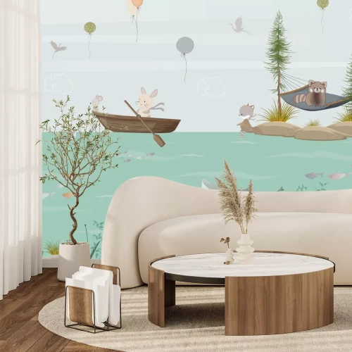 Fototapete Maritimes Motiv für Kinder Tiere in Booten und Fische