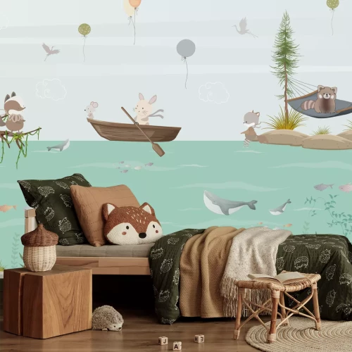 Fototapete Maritimes Motiv für Kinder Tiere in Booten und Fische