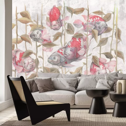 Fototapete Botanisches Muster mit Fischen und Grün auf Betonhintergrund mit Textureffekt