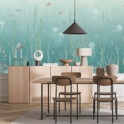 Fototapete Fische und Quallen zwischen grünen Pflanzen Meeresunterwasserlandschaft